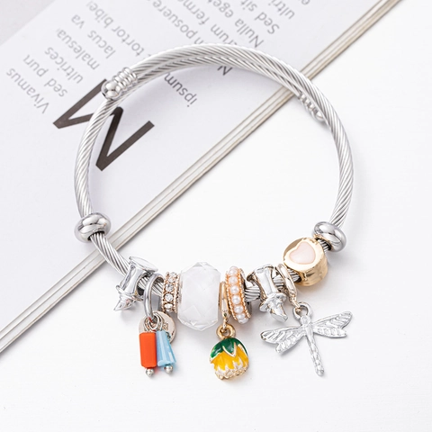 Dragonfly Flower Beaded Cable Bracelet Stainless Steel Heart Artificial Pearl Charm Bangle For Women Sweet Jewelry