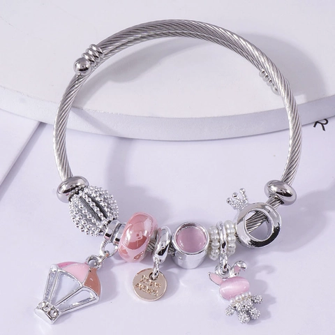Edelstahl Gedrehtes Draht Charm Armreif Mit Hasenkrone Und Heißluftballon Anhänger Glasperlen Für Damen
