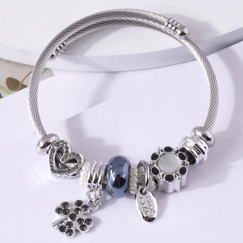 Stainless Steel Twisted Cable Bangle Bracelet With Heart Clover Charms Rhinestone DIY Jewelry For Women