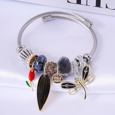 Bracciale Rigido Con Ciondolo Libellula E Fiore Filo Di Acciaio Inossidabile Lega Regolabile Gioielli Stile Bohémien Per Donna