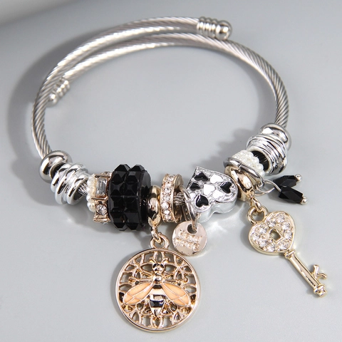 Bee Heart Key Pendant Charm Bracelet Women Alloy Steel Wire Rope Beads Fashion Jewelry Gift