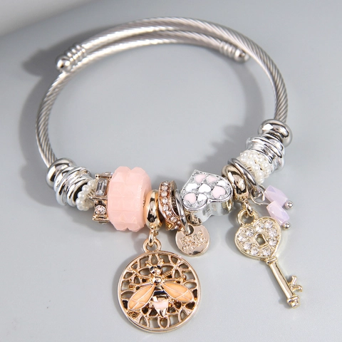 Bee Heart Key Pendant Charm Bracelet Women Alloy Steel Wire Rope Beads Fashion Jewelry Gift