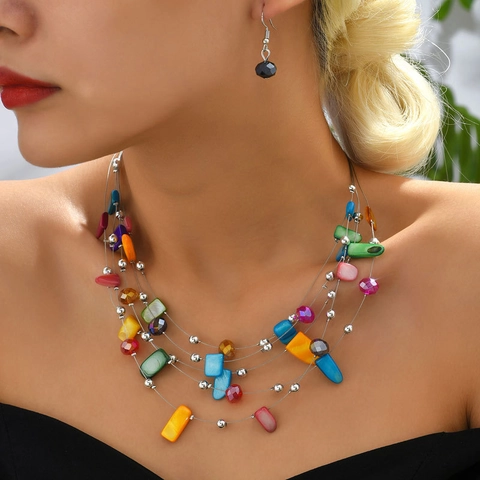 Boheemse Meerlagige Ketting En Oorbellen Legering Kristal Schelp Onregelmatige Kralen Trendy Sieraden Voor Dames
