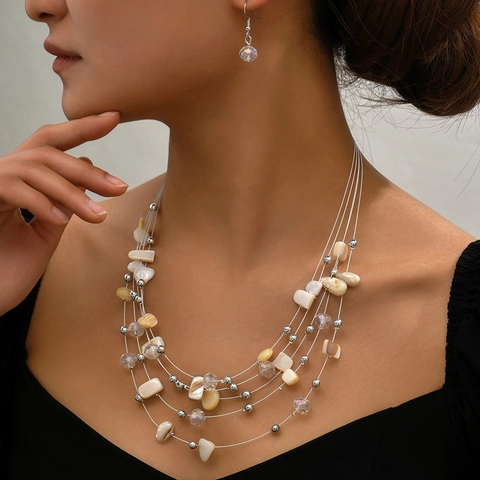 Bohemian Etnische Schelp Kristal Meerlaagse Ketting En Oorbellen Set Voor Dames Vintage Legering Strass Sieradenset Vakantie