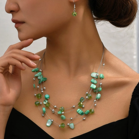 Bohemian Etnische Schelp Kristal Meerlaagse Ketting En Oorbellen Set Voor Dames Vintage Legering Strass Sieradenset Vakantie