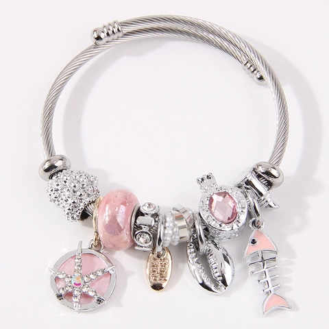 Bracciale Con Ciondoli In Acciaio Inossidabile Da Donna Regolabile Lega Strass Cuore Corona Conchiglia Lisca Di Pesce Gioielli