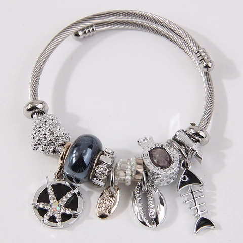 Bracciale Con Ciondoli Tema Marino Acciaio Inossidabile Stella Marina Conchiglia Lisca Di Pesce Ciondolo Cuore Strass Perline