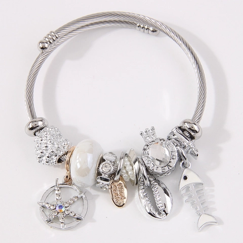 Bracciale Con Ciondoli Tema Marino Acciaio Inossidabile Stella Marina Conchiglia Lisca Di Pesce Ciondolo Cuore Strass Perline