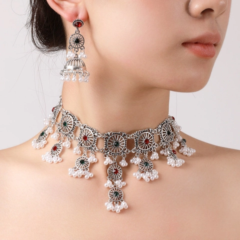 Böhmischer Legierung Schmuck Halskette Und Ohrringe Für Frauen Vintage Hohl Quaste Künstliche Perle Ethno Party Zubehör