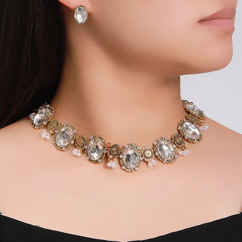 Parure Collana E Orecchini Etnici Vintage Con Lega Vetro Strass E Perla Artificiale Oro Antico Per Donna