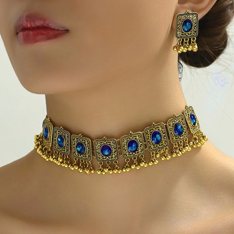 Vintage Bohemian Alloy Gemstone Tassel Κολιέ Και Σκουλαρίκια Για Γυναίκες Ethnic Style Glass Inlaid Jewelry Κοσμήματα