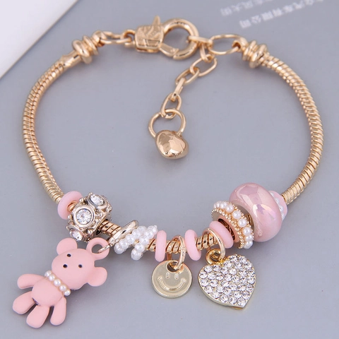 Bracciale Con Ciondoli In Lega Dolce Con Orsetto In Resina Cuore Di Strass Pendente Faccina Sorridente Künstliche Perle Di Imitazione