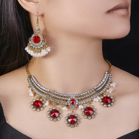Gioielli Etnici Retro Donne Lega Vetro Strass Resina Finta Perla Artificial Medio Oriente Boho Collana E Orecchini