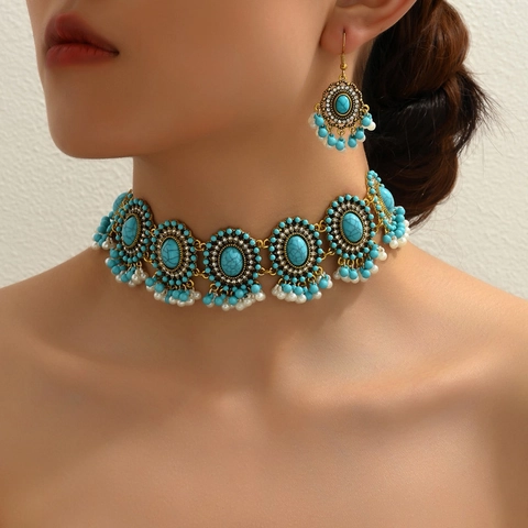 Joyería Bohemia Collar Pendientes Aleación Turquesa Perla Artificial Sintética Gargantilla Estilo Étnico Vintage Para Mujer