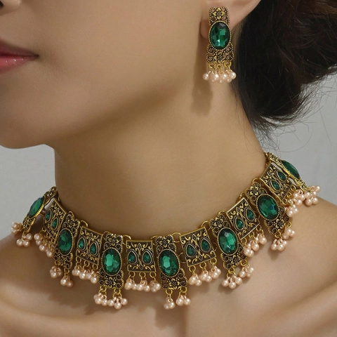 Set Di Gioielli Etnici Retrò Con Collana Statement E Orecchini Lega Vetro Perla Artificial Sintetica Bohemienne Per Donne