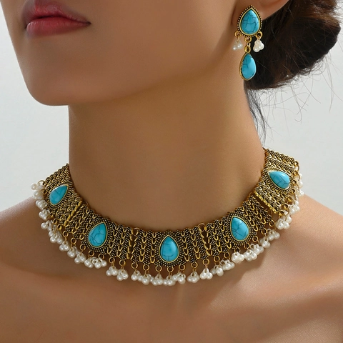 Conjunto Collar Y Pendientes Aleación Mujer Turquesa Simulada Vintage Étnico Choker Borla Perla Artificial