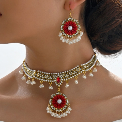 Joyas Collar Choker Flores Étnicas Retro Y Pendientes Aleación Perla Artificial Diamante De Imitación Para Mujeres