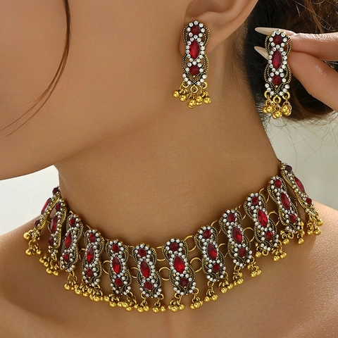 Bijoux Ethniques Rétro Collier Et Boucles D'oreilles Alliage Strass Style Bohème Moyen-Orient Exagéré Pour Femmes