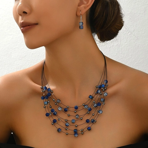 Collier Et Boucles D'oreilles Bohèmes À Plusieurs Rangées Perles Craquelées En Alliage Bijoux Style Ethnique Pour Femmes