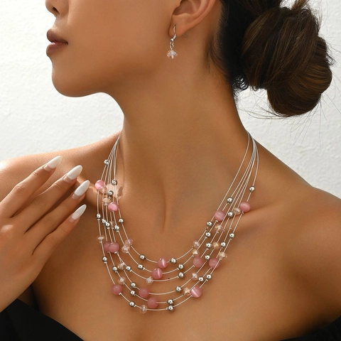 Bohemian Multi Layer Necklace And Earrings Alloy Cat Eye Stone Crystal Beads Teardrop Colorful Jewelry For Women
