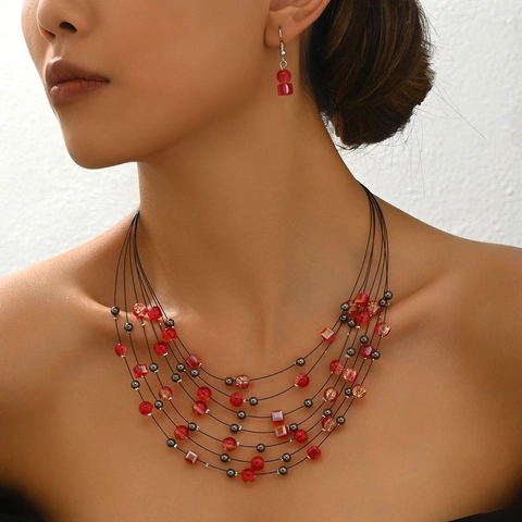 Collier Et Boucles D'oreilles Bohèmes À Plusieurs Rangées Perles Craquelées En Alliage Bijoux Style Ethnique Pour Femmes