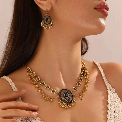 Bohemian Retro Ethnic Jewelry Necklace And Earrings Alloy Synthetic Gemstone Double Layer Tassel Flower Water Drop