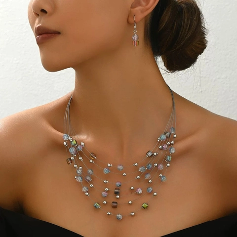 Boheems Gelaagde Handgemaakte Kralen Kristal Ketting En Oorbellen Voor Vrouwen Etnisch Individueel Legering Sieraden