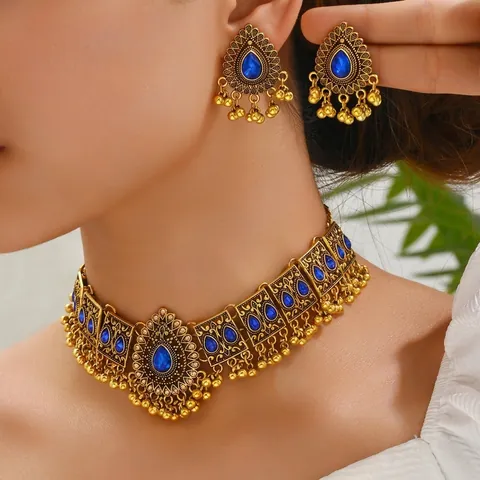 Parure Bijoux Collier Et Boucles D'oreilles Bohème Ethnique Alliage Strass Goutte D'eau Gland Vintage Style Indien Pour Femme
