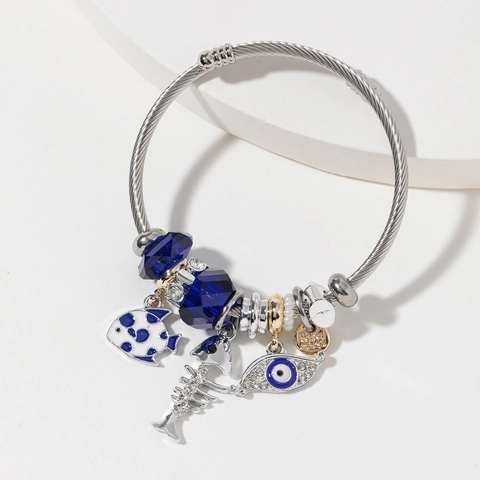 Roestvrijstalen Kabel Charm Armband Met Legering Visgraat Boze Oog Kristal Strass Kralen Voor Dames