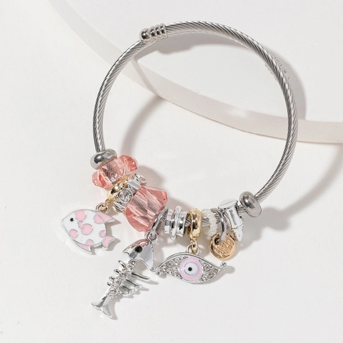 Roestvrijstalen Kabel Charm Armband Met Legering Visgraat Boze Oog Kristal Strass Kralen Voor Dames