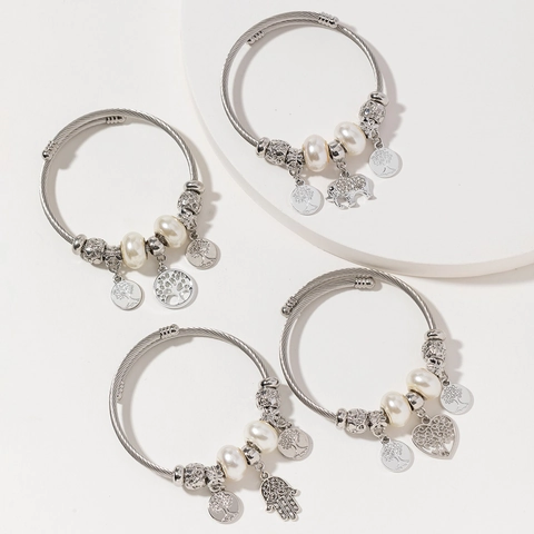 Bracciale Filo Di Cavo Regolabile Albero Della Vita Cuore Elefante Mano Di Hamsa Ciondoli Acciaio Inox Lega Perla Artificial Donna