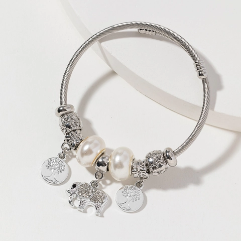 Roestvrij Stalen Draad Armband Voor Vrouwen Legering Strass Kunstparel Levensboom Hart Olifant Hanger Bangle Sieraden