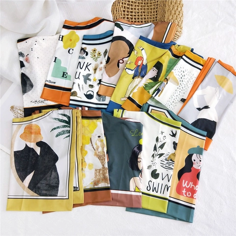 Women Artistic Illustration Print Ice Satin Shawl Sun Protection Decorative Scarf Knot Shoulder Wrap Quick Dry Chic