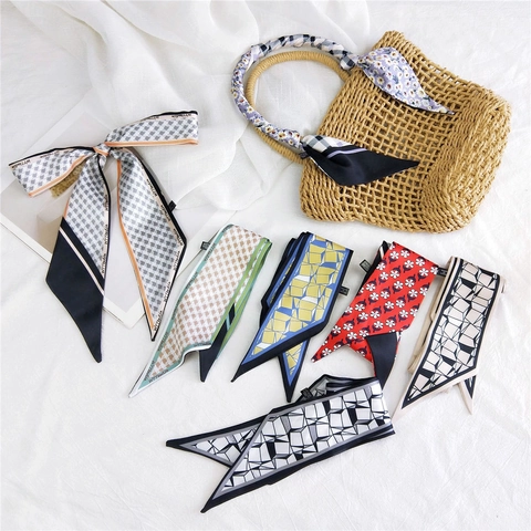 Foulard Twilly Stretto Da Donna Imitazione Raso Cravatta Sottile Con Stampa Geometrica Floreale Plaid Accessorio Per Borsa