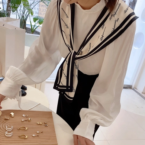 Printed Satin Like Narrow Scarf Women Decorative Neck Tie Korean Style Layered Polyester Satin Shawl Versatile Accessory