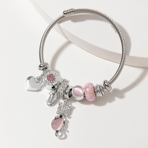 Pulsera De Dijes De Acero Inoxidable Con Colgante De Gato Y Corazón De Aleación Diamantes De Imitación Joyería Ajustable Para Mujer