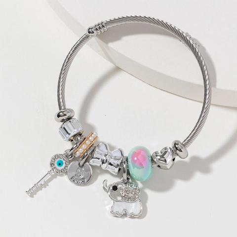 Dames Mode Roestvrij Staal Legering Charm Armband Strass Olifant Hart Boze Oog Sleutel Hanger Armring Sieraden Cadeau