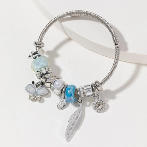 Women Stainless Steel Alloy Butterfly Charm Bracelet Rhinestone Faux Artificial Pearl Glass Beads Open Bangle Party Jewelry Gift