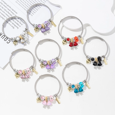 Women's Stainless Steel Beaded Bangle With Butterfly Swan Heart Key Charms Adjustable Spiral Wire Rope Bracelet Jewelry