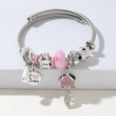 Fox Charm Stainless Steel Twisted Wire Bangle Beaded Bracelet With Artificial Pearl And Castle Charms For Women Fashion Gift