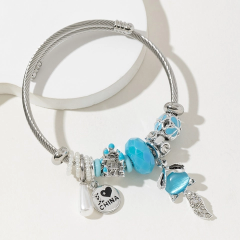 Fox Charm Stainless Steel Twisted Wire Bangle Beaded Bracelet With Artificial Pearl And Castle Charms For Women Fashion Gift