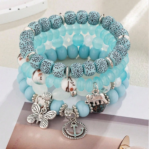 Bohemian Multilayer Beaded Bracelet Butterfly Elephant Anchor Charms Alloy Glass Wood Ceramic Beads For Women Ethnic Jewelry