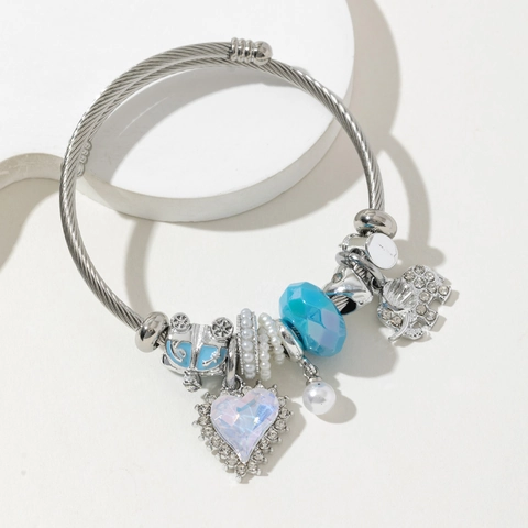 Bracciale Con Ciondoli In Acciaio Inossidabile Con Cuore Elefante E Carrozza Strass Cristallo Cavo Regolabile Gioielli