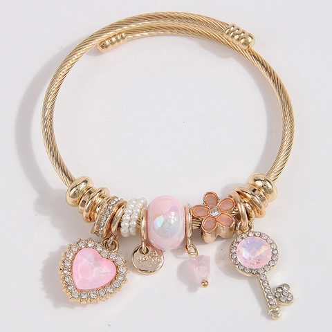 Legierung Herz Schlüssel Anhänger Offener Armreif Mit Kristall Und Künstliche Perlenimitat Mode Schmuck Für Damen Süßes Accessoire