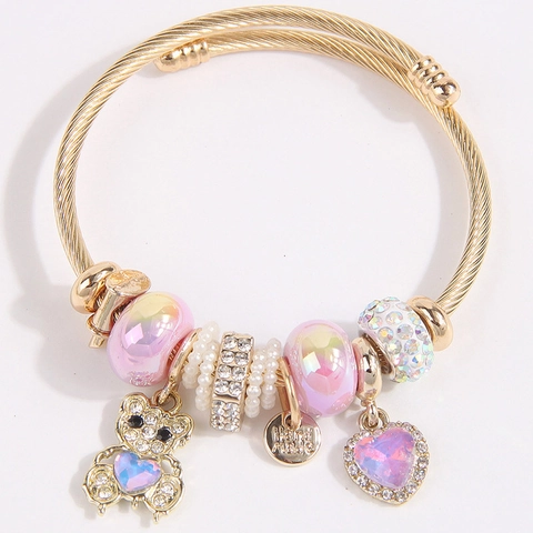 DIY Beaded Stainless Steel Bracelet With Alloy Bear Heart Charms And Faux Artificial Pearls Sweet Fashion Jewelry For Women