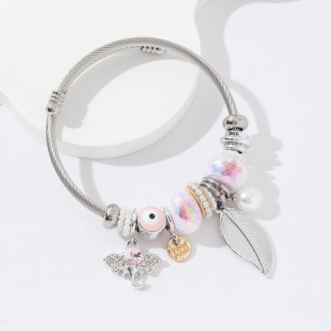 Bracciale Acciaio Inossidabile Elefante Piuma Malocchio Strass Perla Artificial Stile Boho Etnico Per Donna