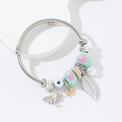 Bracciale Acciaio Inossidabile Elefante Piuma Malocchio Strass Perla Artificial Stile Boho Etnico Per Donna