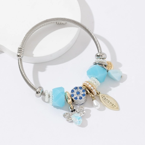 Stainless Steel Beaded Bangle Bracelet Alloy Bee Pendant Rhinestone Imitation Artificial Pearl Charms Fashion Jewelry For Women