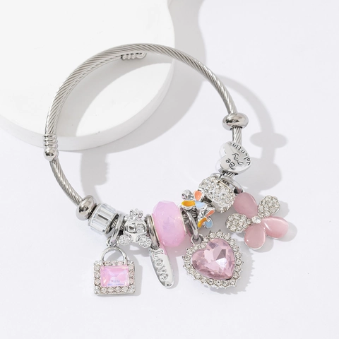 Roestvrijstalen Kralenarmband Hart Kristal Bloem Hanger Verstelbare Open Armband Met Liefdeslabel Sieraden Voor Dames