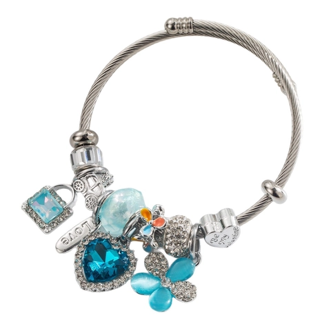 Roestvrijstalen Kralenarmband Hart Kristal Bloem Hanger Verstelbare Open Armband Met Liefdeslabel Sieraden Voor Dames